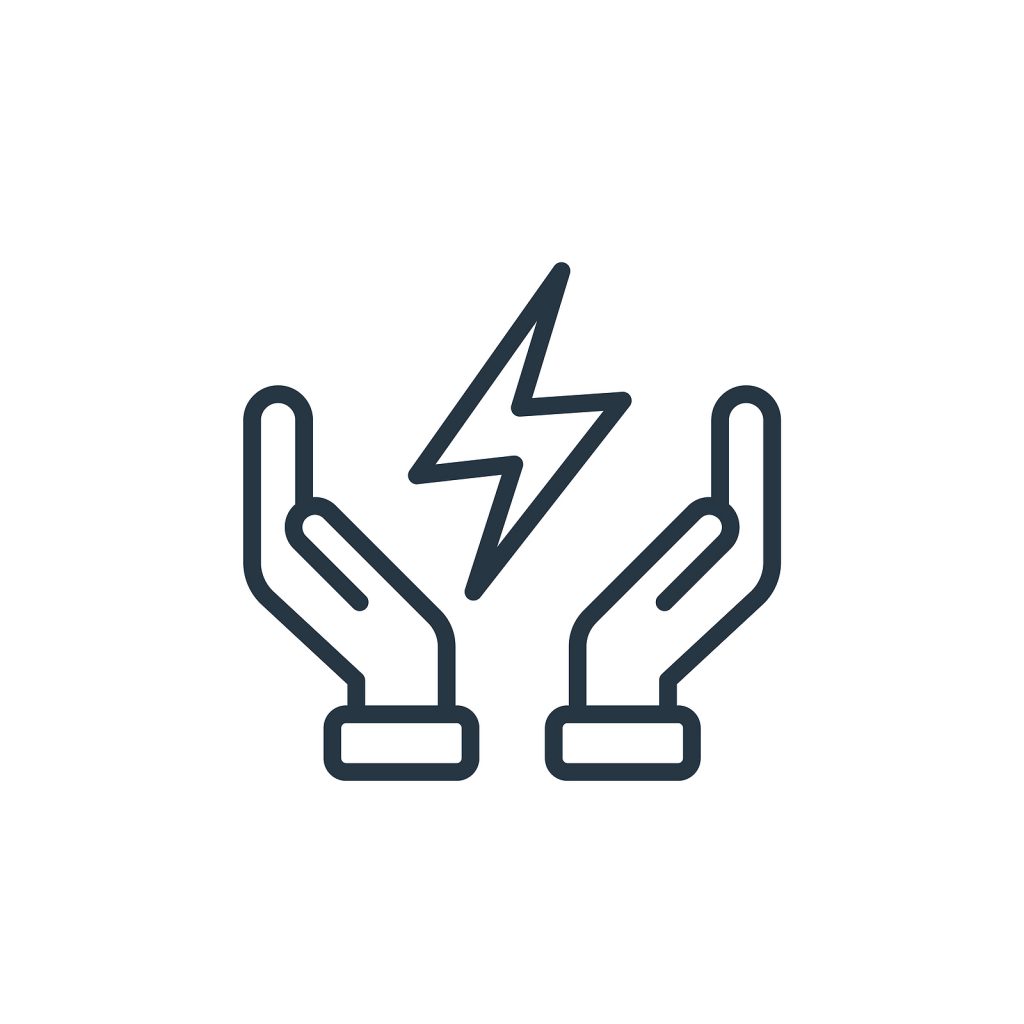 Two open hands holding a lightening bold