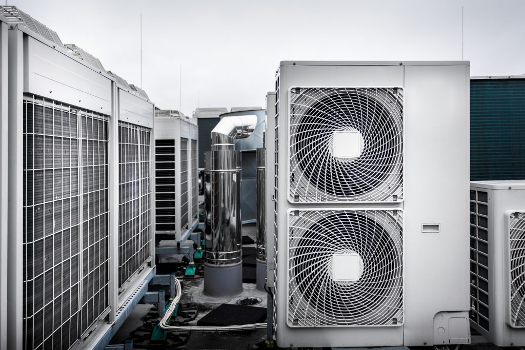 A building's air conditioning units that have been outfitted using BACnet protocol.