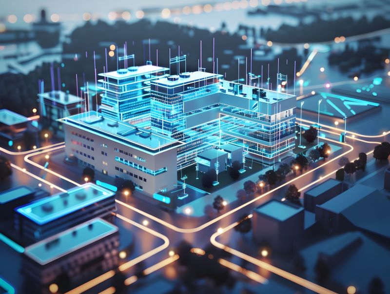 A conceptual image of a smart hospital powered by integrated building management systems ensuring uninterrupted healthcare services.