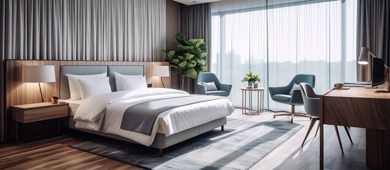A luxurious modern hotel room used integrated automated building systems including HVAC and lighting to keep guests happy and comfortable during their stay.
