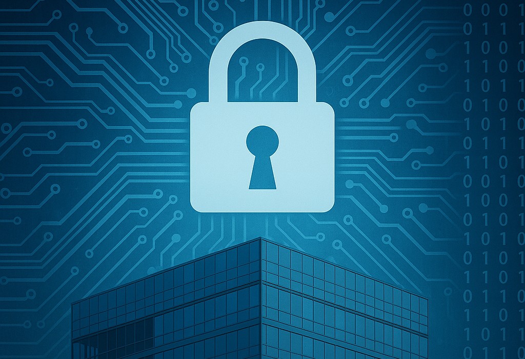 Modern office building overlaid with circuit board patterns and a padlock icon, symbolizing building automation cybersecurity.