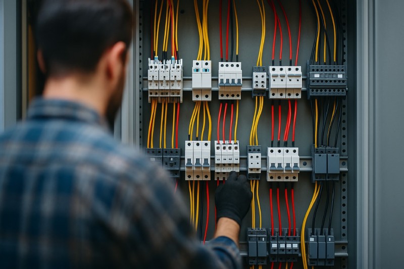 A technician working on an electrical control panel during BAS design.